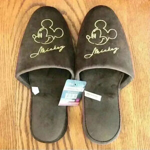 🌈 6/$60, New, Disney Women’s Mickey Mouse, Brown, Velvet Slippers, Size 5-6.5